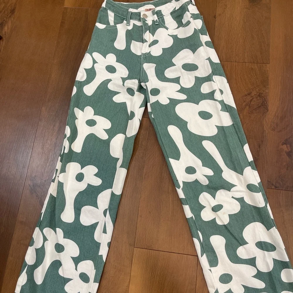 Bailey Rose Green White Flower Power Wide Leg High Waist Jeans Women's​​ size XS - Picture 5 of 7